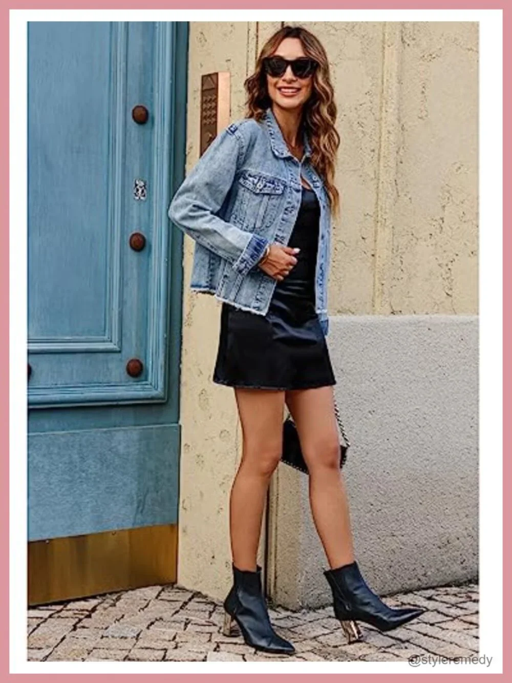 Women's Distressed Denim Jacket Button Up Vintage Western Trucker Frayed Hem